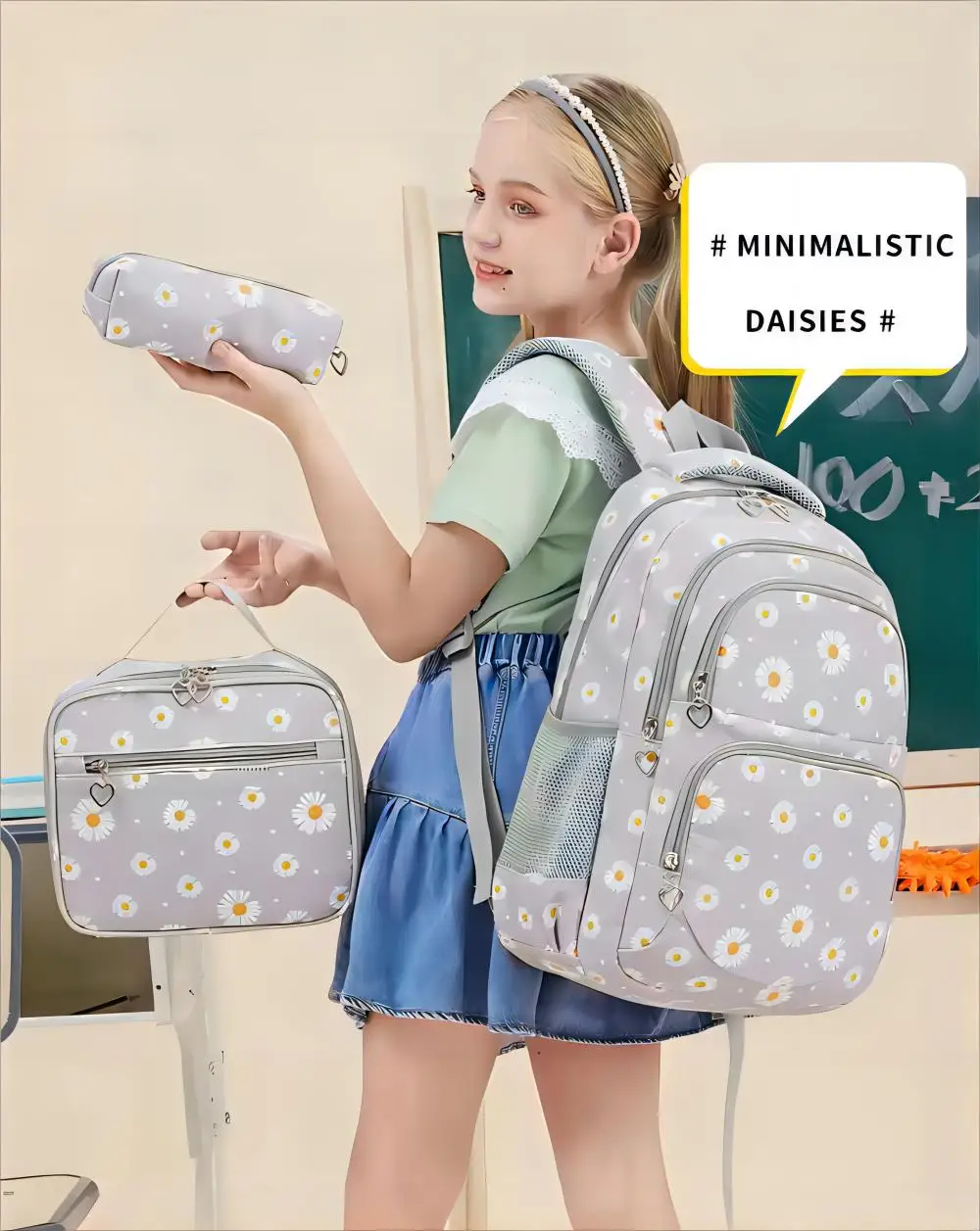 custom wholesale multi-pockets daisy pattern backpacks kids school backpack and lunch box sets student backpack for girls