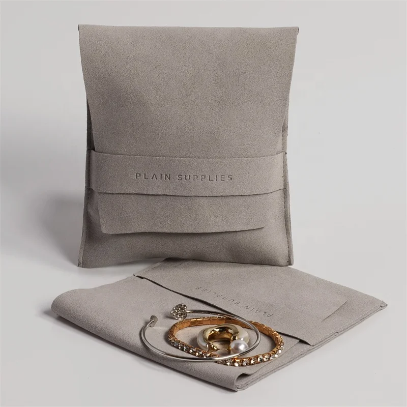 YCX Custom Logo Jewellery Pouch Bag Microfiber Suede Velvet Earring Necklace Snap Button Jewelry Pouch Packaging With Insert Pad