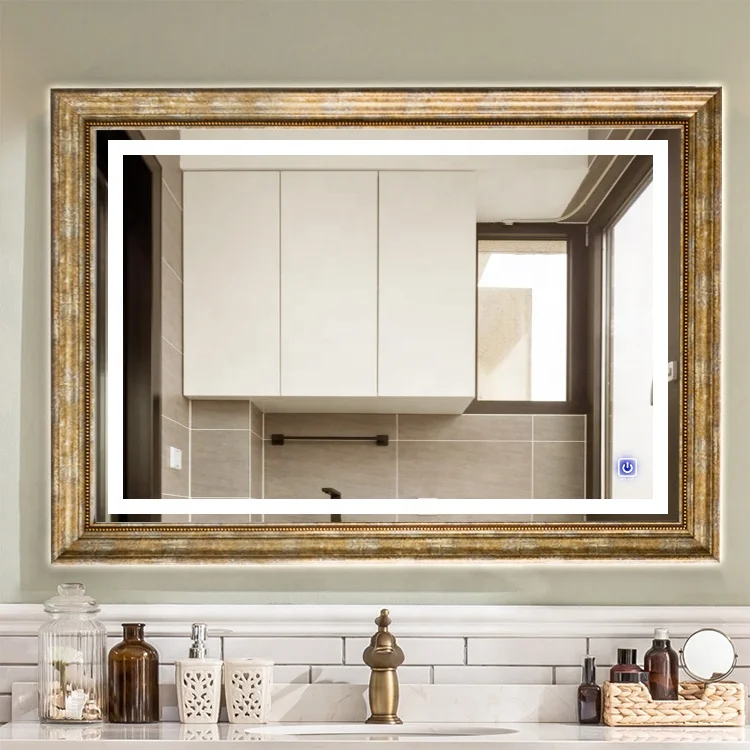 Customized retro frame explosion-proof bathroom LED smart lighting mirror wall decoration mirror with defogging film