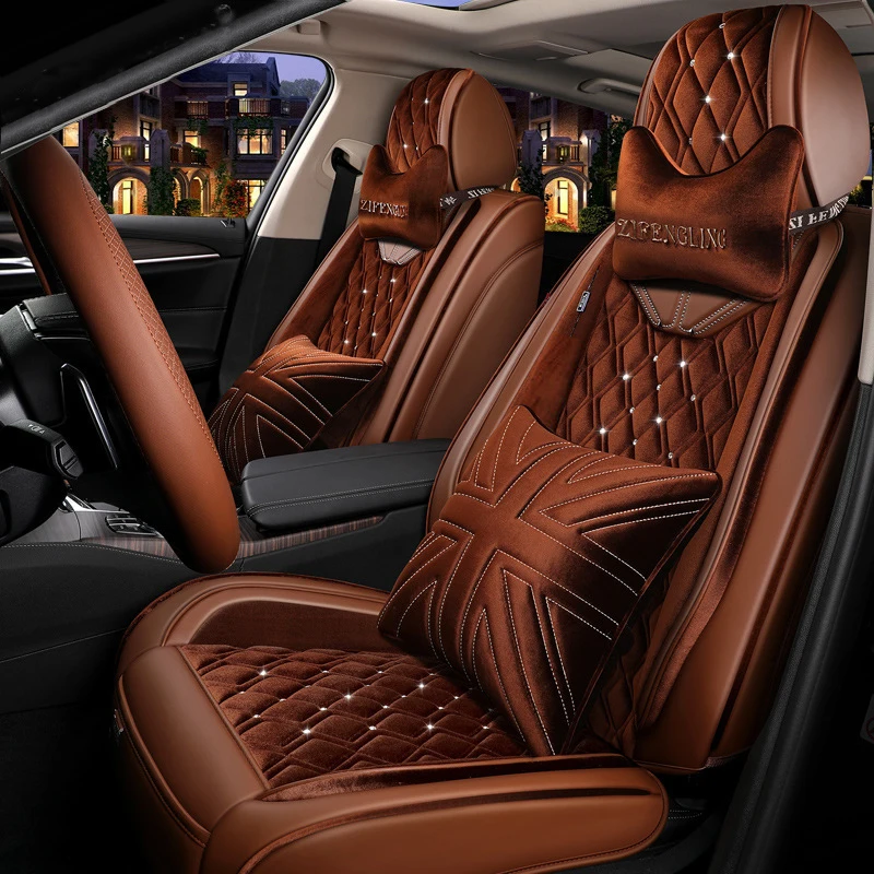 leather and velvet Custom  Four Seasons Universal Car Seat Cover Bag Set Customized with diamonds in winter