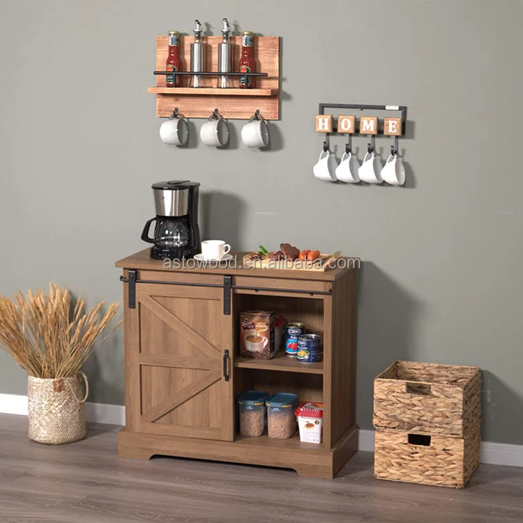 Farmhouse Coffee Cabinet Sliding Barn Door Accent Cabinet Bar Buffet Entryway Storage Table for Living Room, Bathroom and Home