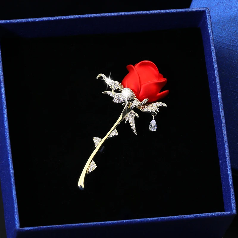 Stock Goods Women Costume Jewelry Fashion Gold Brooch Red rose Brooch Pin for Wedding Anniversary