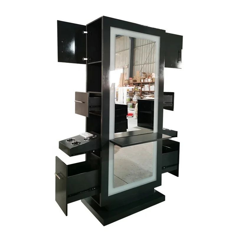 Unique design salon station cabinet black wooden hair salon mirror led designs for wholesales