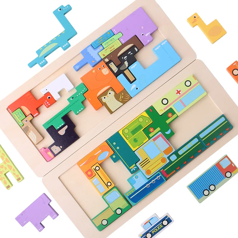 Wooden Animal Jigsaw Puzzle Brain Teasers Toy Tetris Blocks Intelligence Russian Blocks Game Montessori Educational Gift for Kid