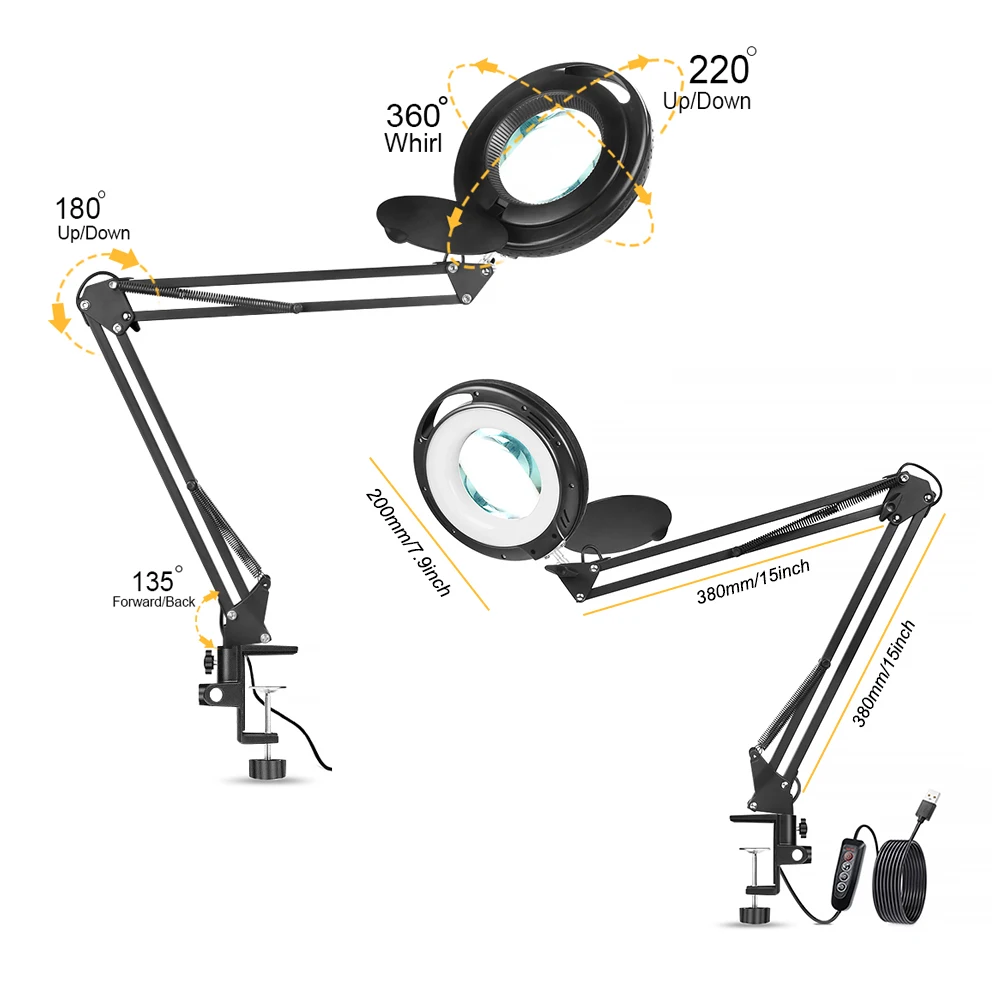 USB Magnifying Glass Table Lamp 3 Color Adjustable Lights for Reading Crafts Hobby Soldering Lamps 5X Magnifier with Cover