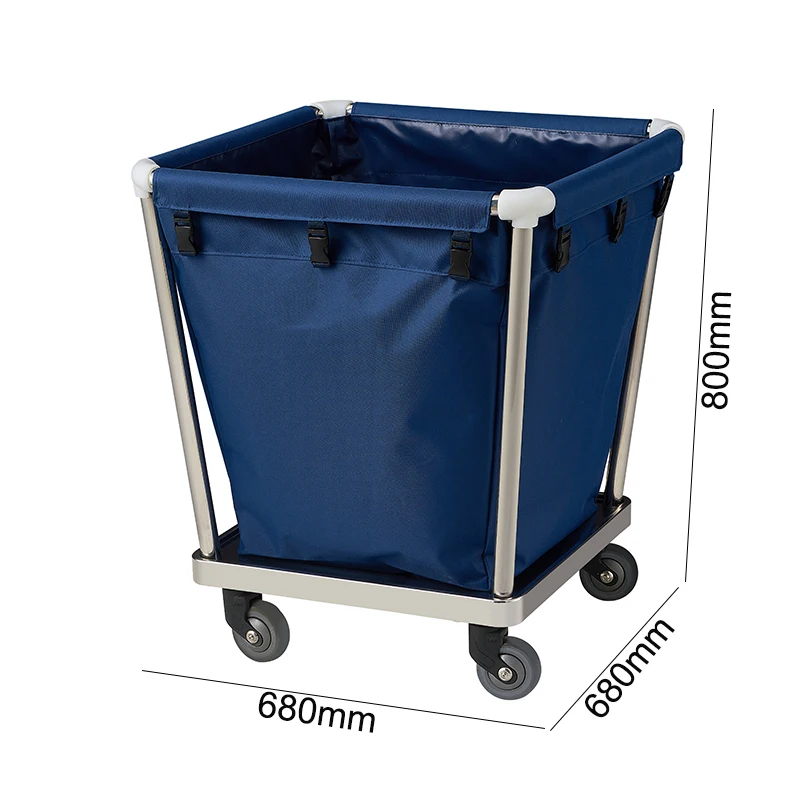Hotel Hospital Room Service High Quality Stainless Steel Cleaning Laundry Trolley Blue Bag Linen Basket Laundry Cart Cube Truck
