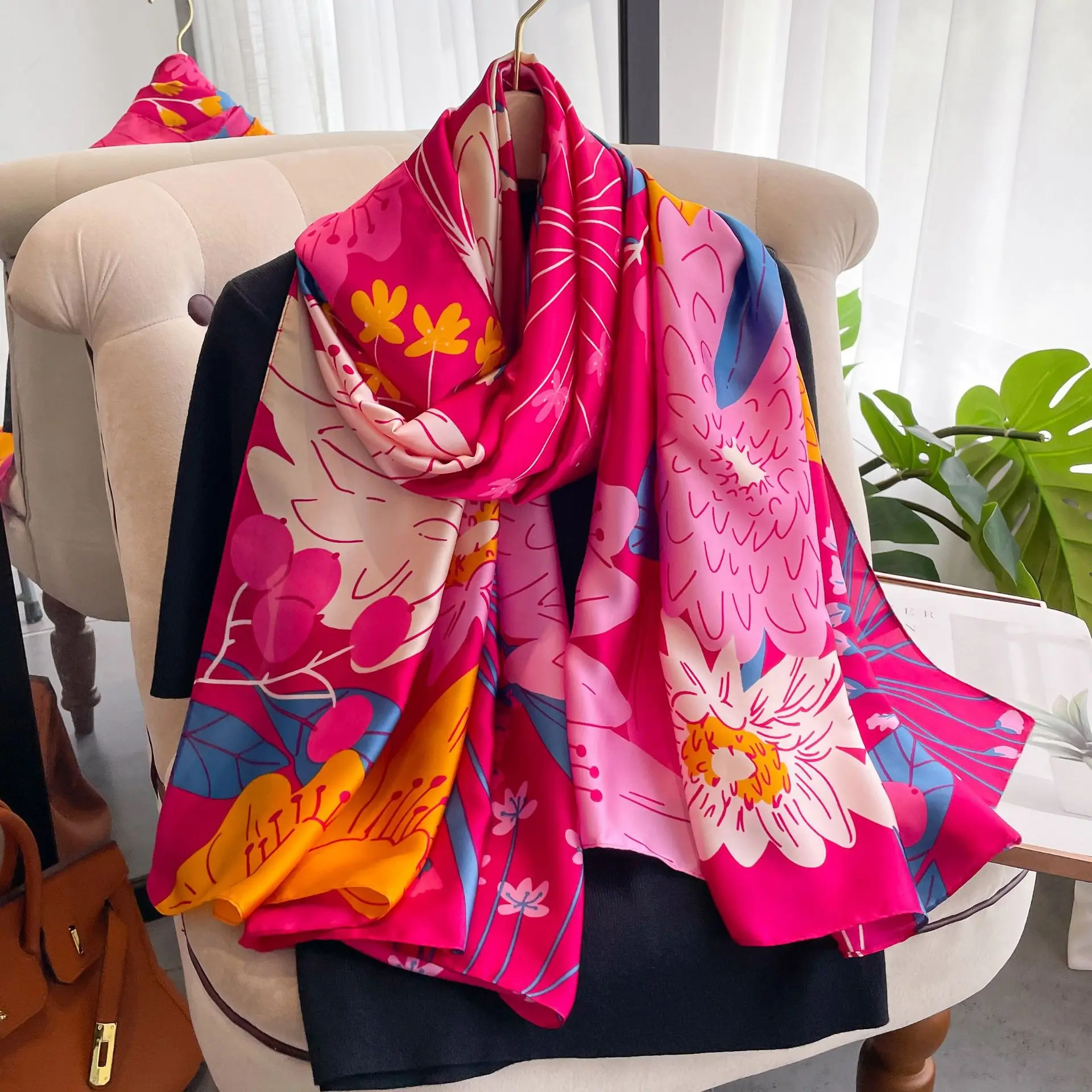 Hot Sell New Flower Printed Pattern Silk Scarves Shawls For Women Soft Large 180*90CM Silk Head Scarf Shawl Muslim Silk Hijabs