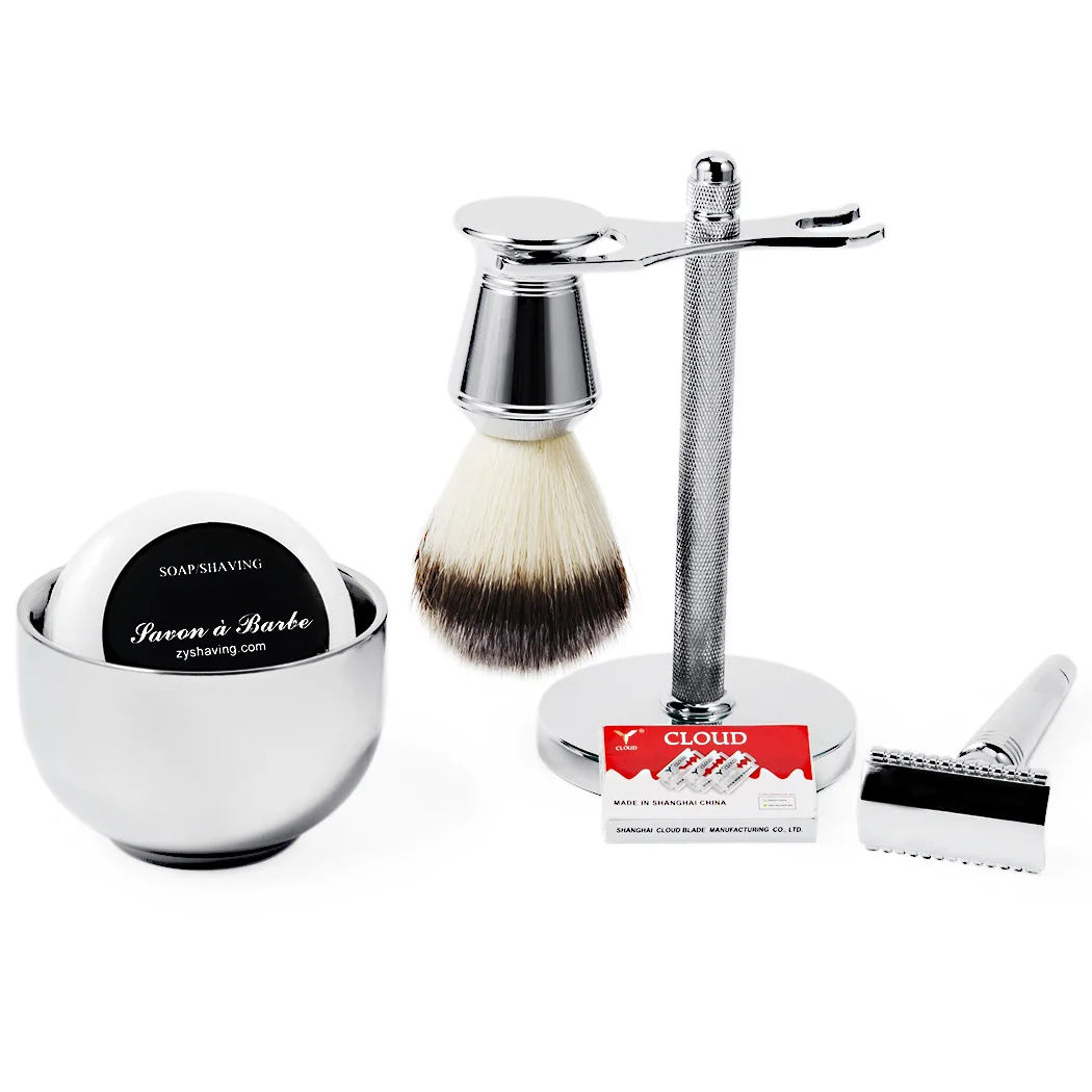 6 in 1 Double-Edge manual Safety Razor with steel Stand zinc alloy handle badger shaving brush,shaving soap, bowl,razor blades