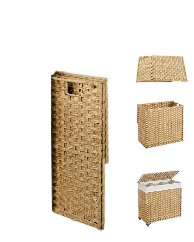 Woven Laundry Basket with In Bathroom, Bedroom Foldable Lid 3 Collapsible Bamboo Storage Convenient Roller Woven Laundry Basket