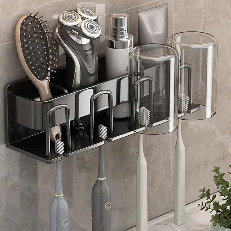 Punch Free Toothbrush Holders Multifunctional Storage Rack For Bathroom Wall Mounted Toothpaste Toothbrush Cup Organizer