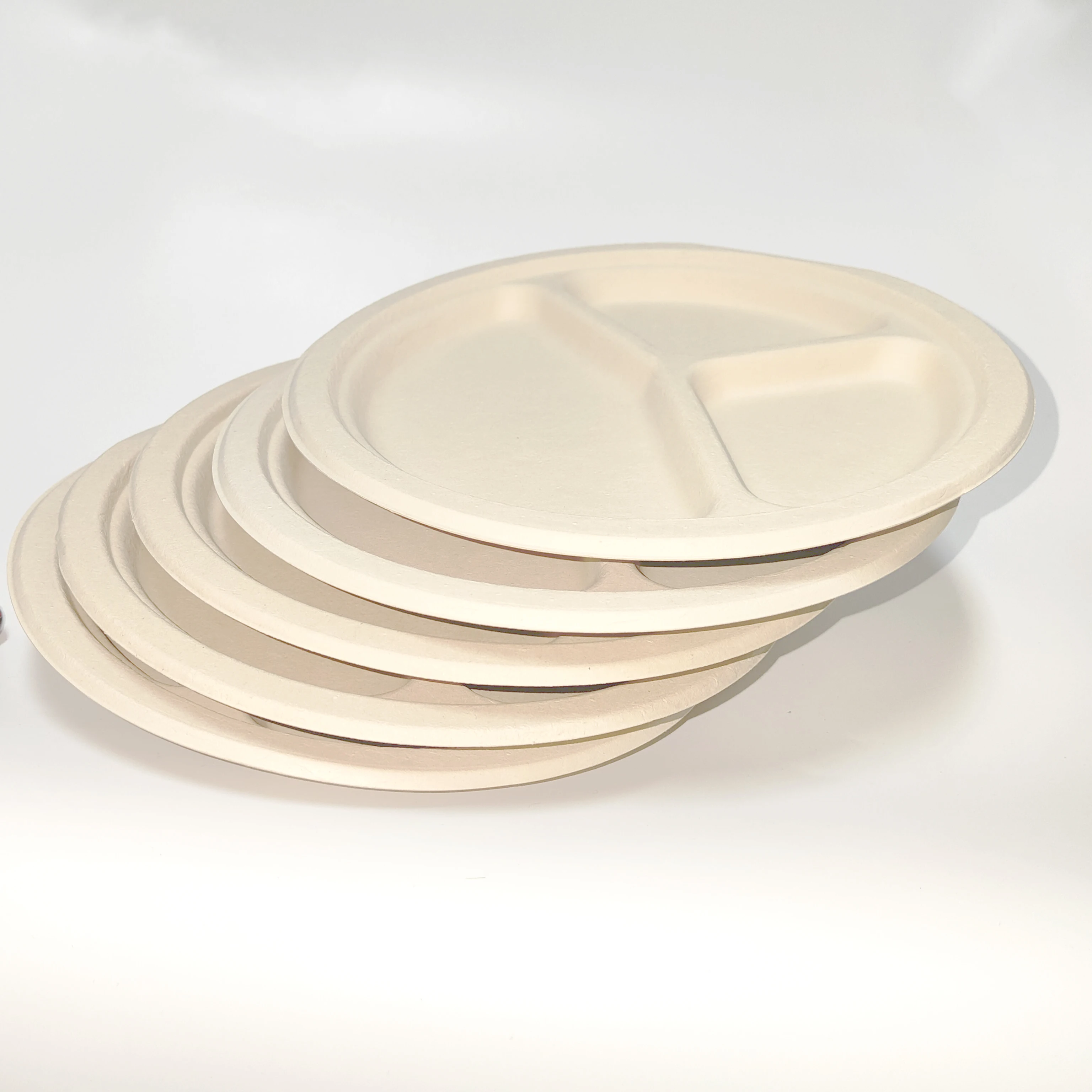 MZL Disposable Degradable 100%Bamboo Pulb Fiber 3-ComparRound Plate Green Environmental Protection