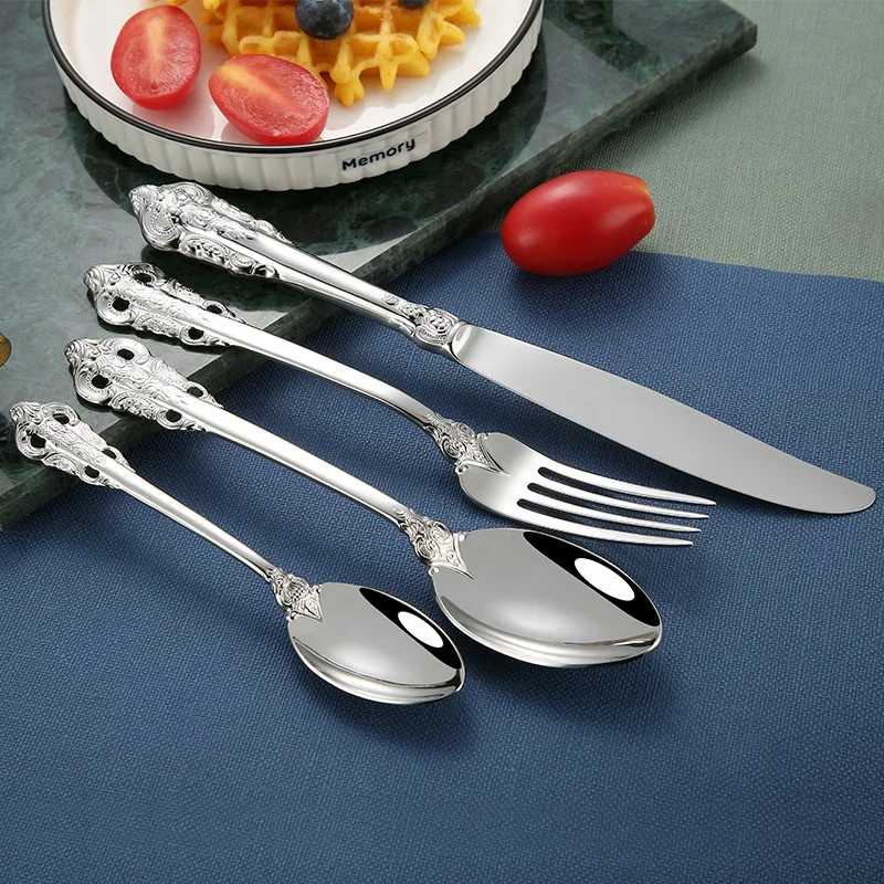 High end vintage luxury forks knife and spoons food grade royal stainless steel cutlery silver gold flatware sets