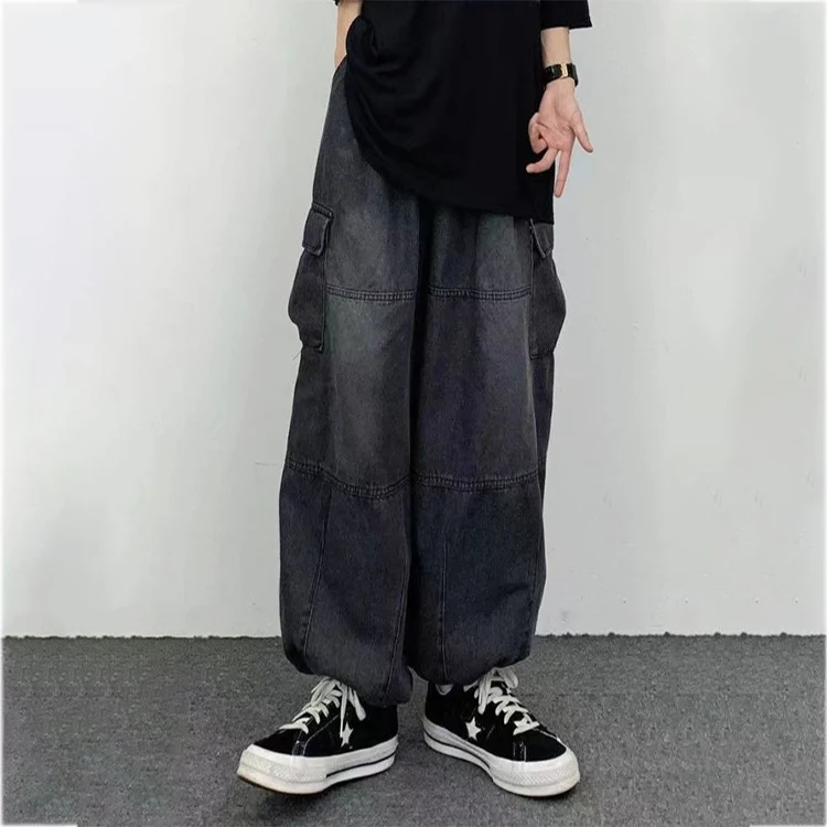 New arrival Hip-Hop baggy jeans men Washed vintage Multi-Pocket cargo jeans men Street Skateboard Hem drawstring denim Jeans