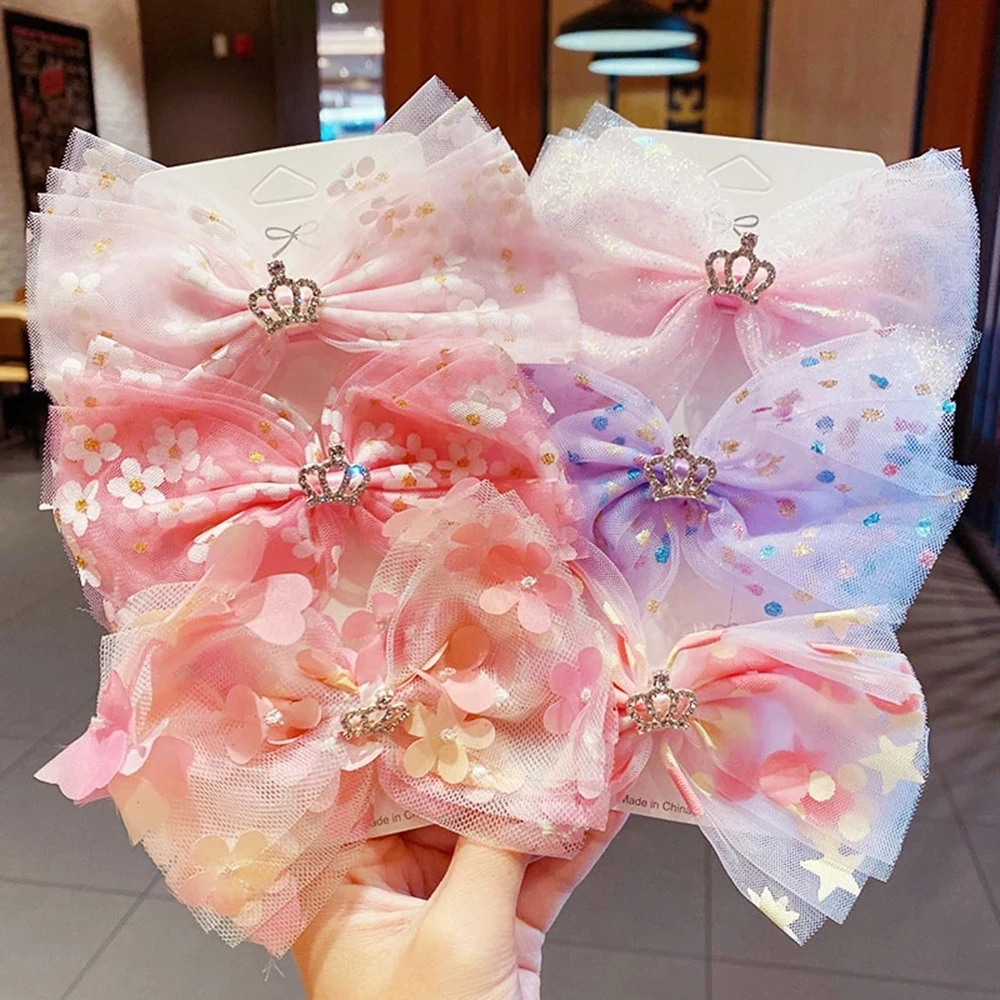 Spring Summer New Girls Cute Print Chiffon Big Bow Crown Hairpins Sweet Headband Hair Clips Barrettes Fashion Hair Accessories