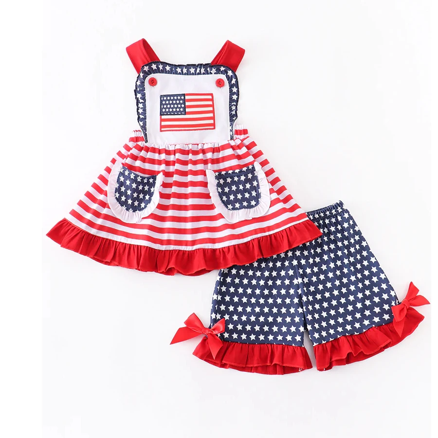Latest  uS. 4th Of July 1 year old girls clothes Patriotic Flag Applique Girl Boutique Kids Clothing Sets 4 year