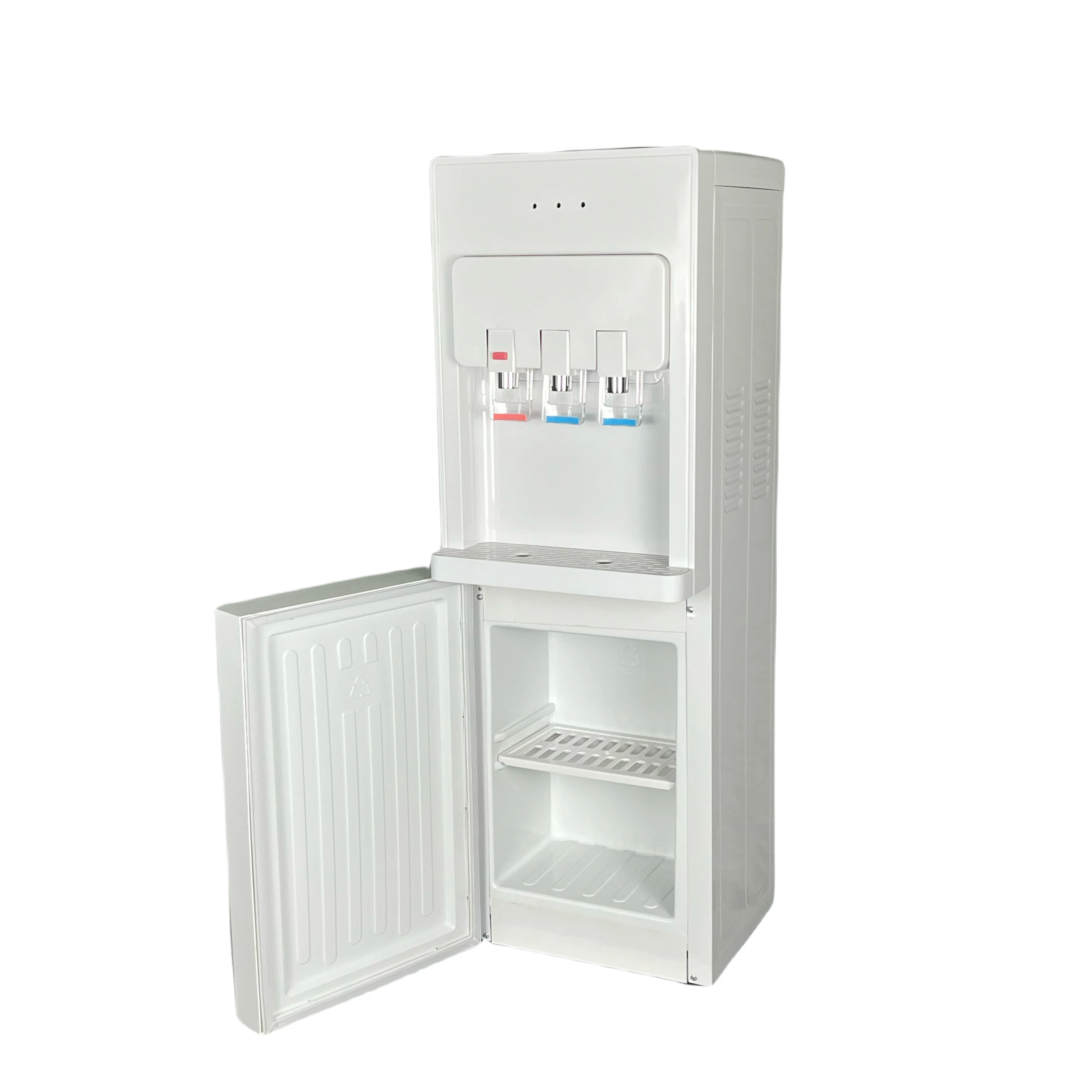 Free Standing Electric Water Dispenser with Three Faucets for Hot Cold Normal Water Plastic Housing for Household Hotel Use