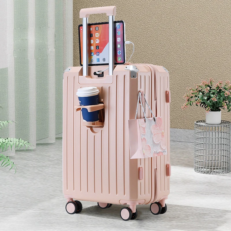 Multifunctional suit case with USB charging and cup holder carry on luggage Trolley Suitcase water proof smart luggage
