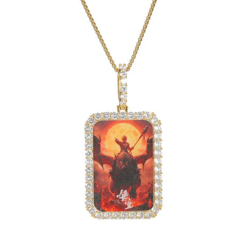 2024 New Custom Photo Frame Memory Pendants wukong Men Hip Hop Prong Set Cubic Zirconia Bling Iced Rapper Gold Necklaces