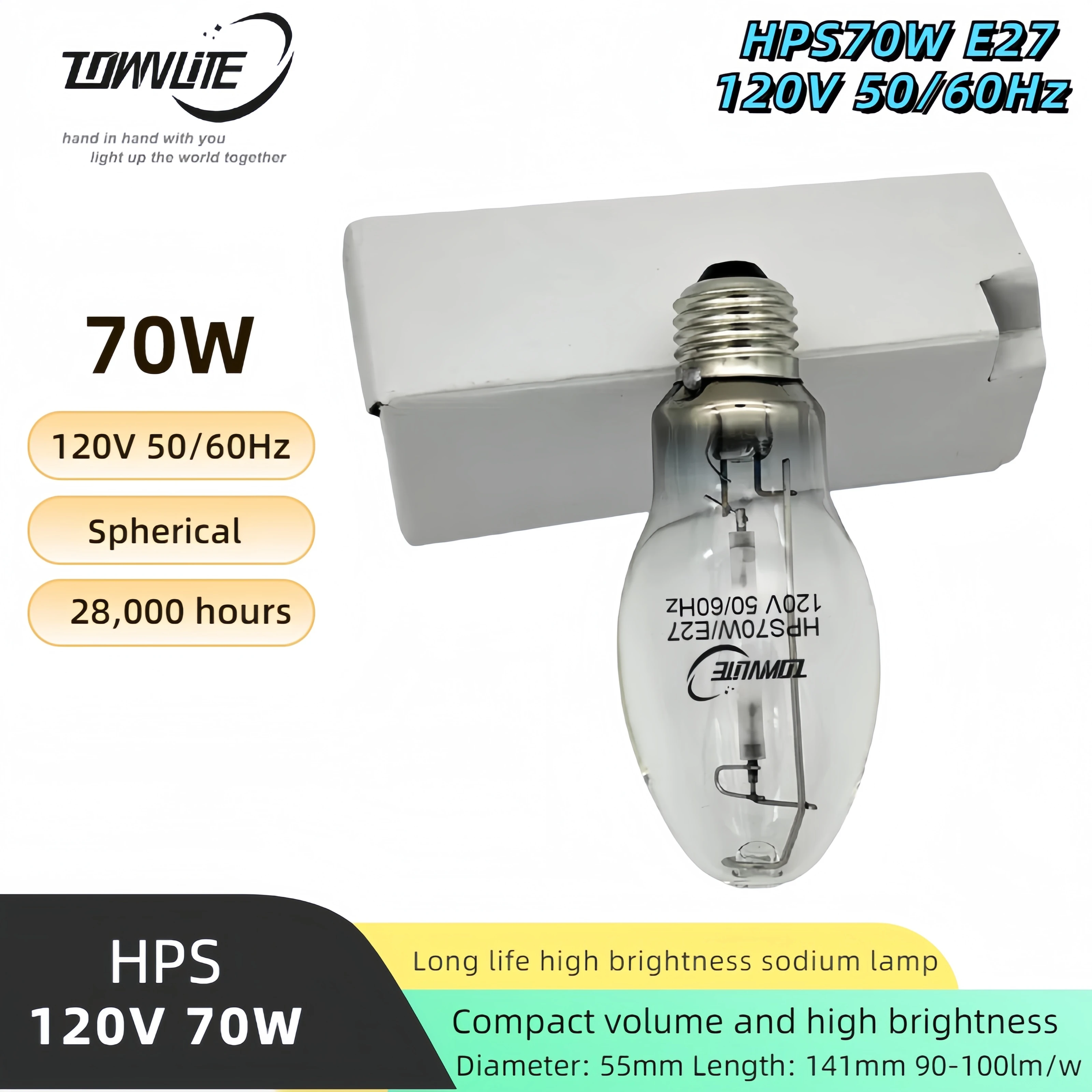 High luminous efficiency transparent spherical US standard ED55 28000Hours 120v 50/60Hz HPS70W E27 low pressure sodium lamp