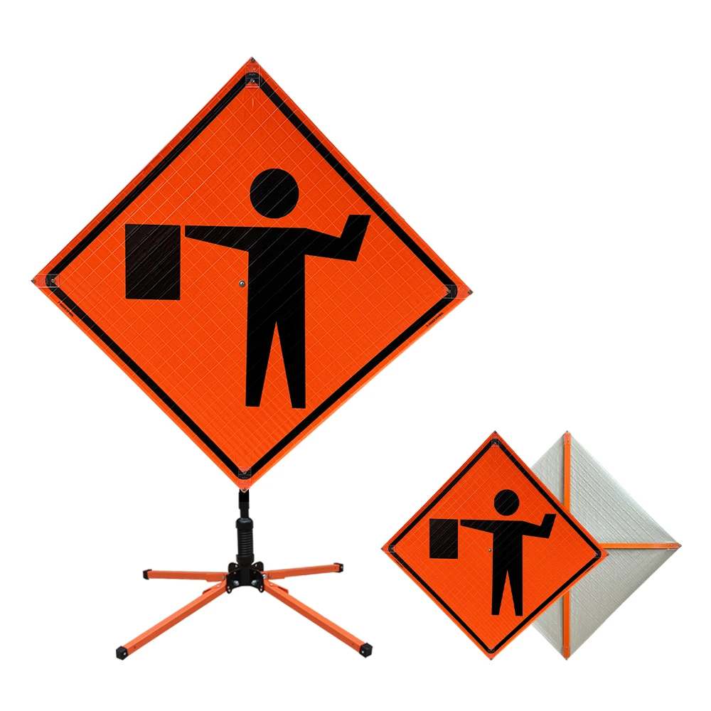 Traffic Sign 48 Orange Reflective Vinyl Roll-Up Heavy Duty Frame Flagger Symbol
