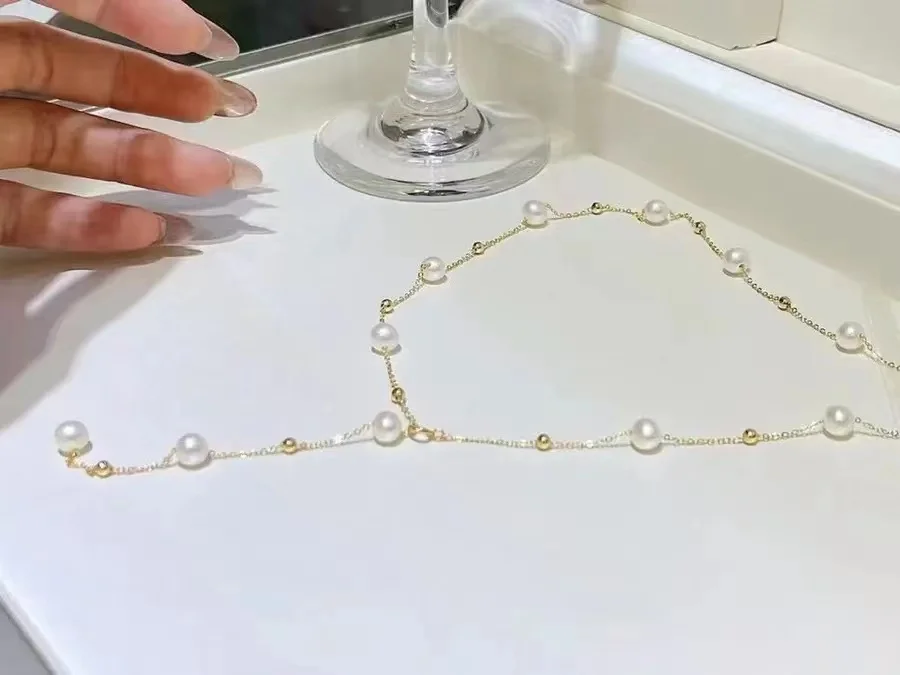 High quality minimalist 14k gold plated chain 7mm Starry Sky dainty natural freshwater pearl necklace for women