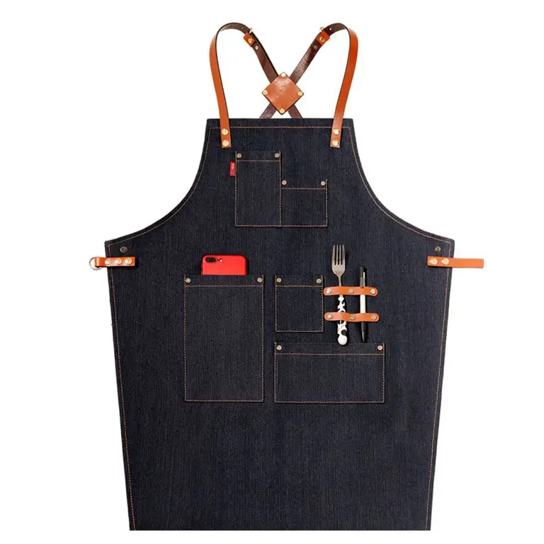wholesale Custom denim working apron leather strap jean apron with pockets for flower shop and coffee shop