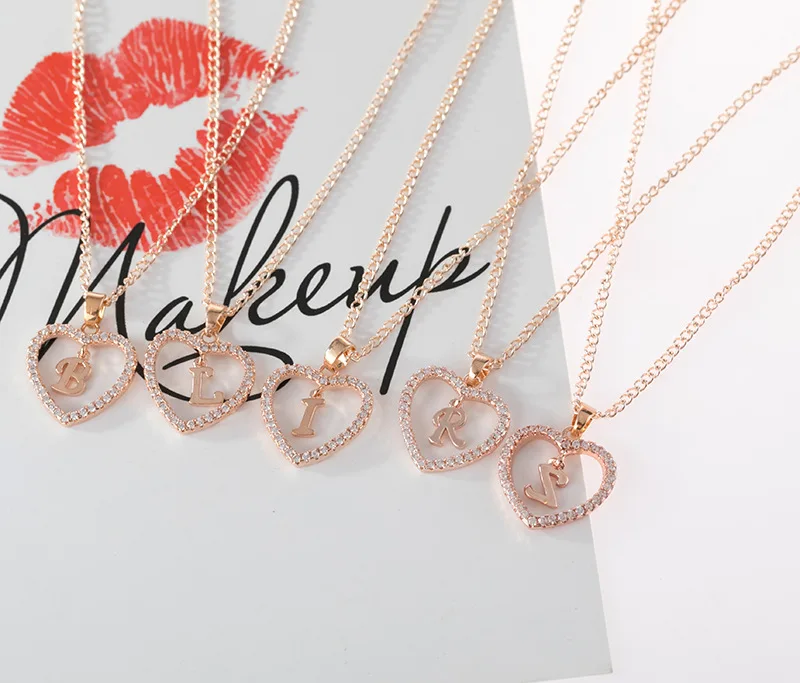 Women Copper Heart Pendant Rose Gold Necklace Letter Jewelry Gift