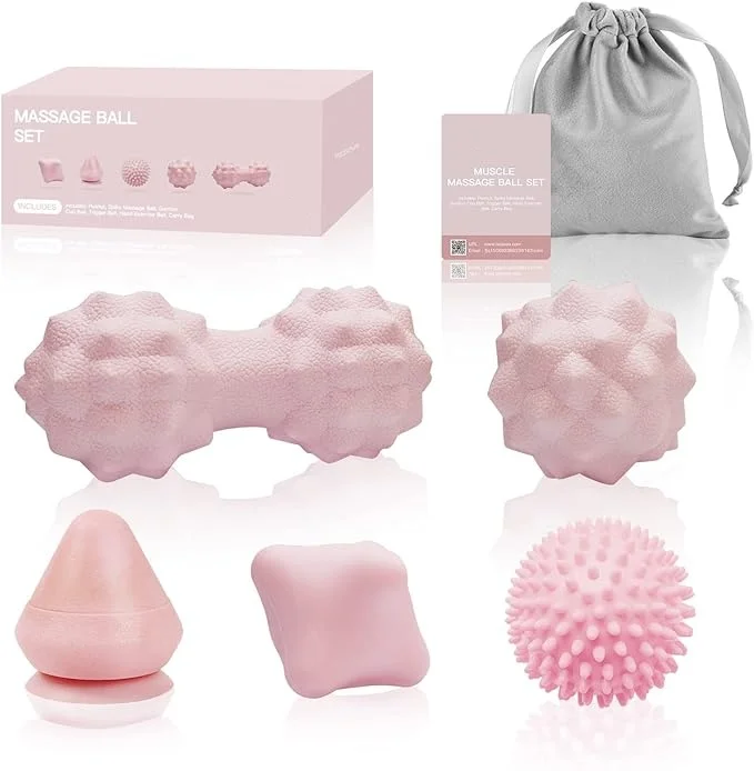 Wellshow Massage Ball Set for Myofascial Point Release Deep Tissue Massage 2 Spiky Balls Firm Soft Peanut Ball