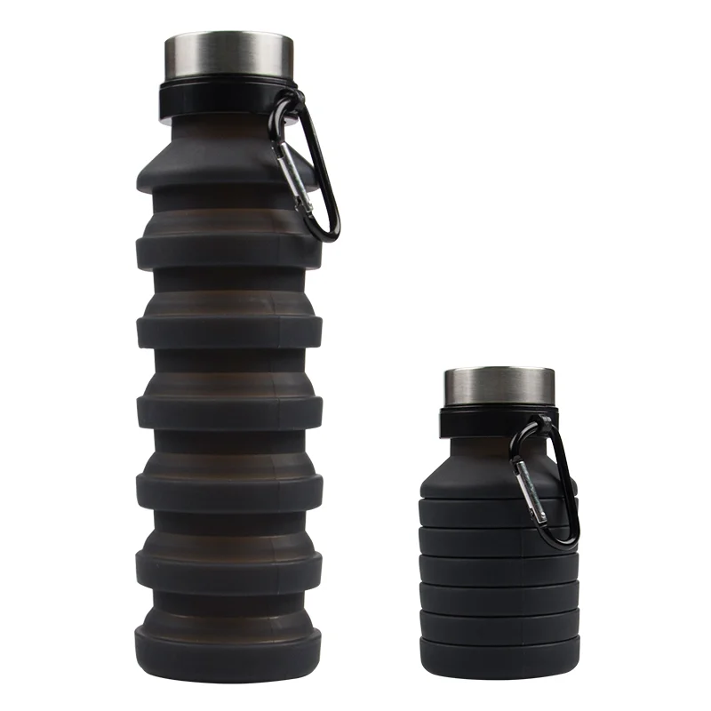 Custom Logo 18oz Outdoor Sports Bottle Collapsible Water Bottle Silicone Foldable Water Bottles with Carabiner