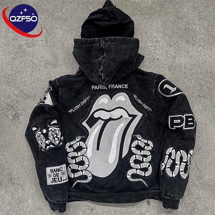 QZFSO Manufacturer Full Zip Up Heavyweight Acid Washed Distressed Patchwork Custom Logo Sun Faded Vintage Embroidery Hoodie