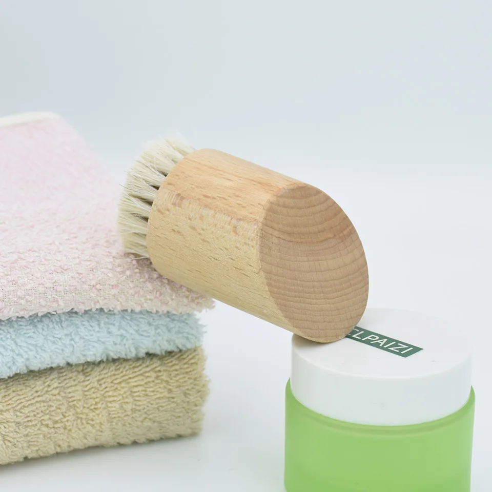 Custom Logo Natural Beech Wood Soft Horse Hair Face Brush Exfoliating Cleanser Facial Cleaning Tool