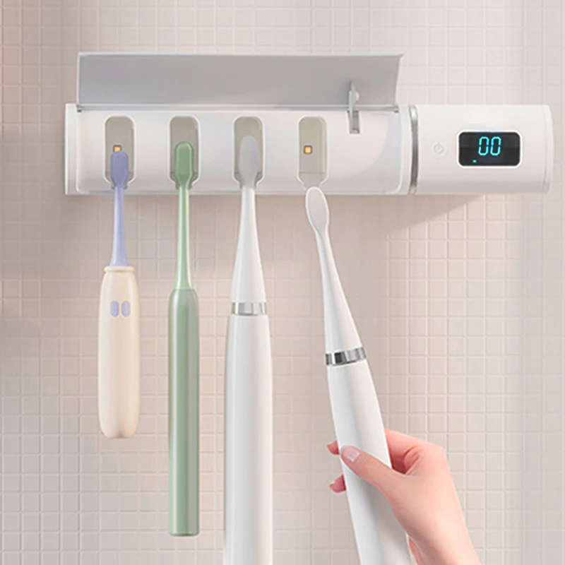Contactless Turbo Fan & UV Cleaner Beige Toothbrush Holders  Toothbrush Holder for Bathroom Wall Mounted