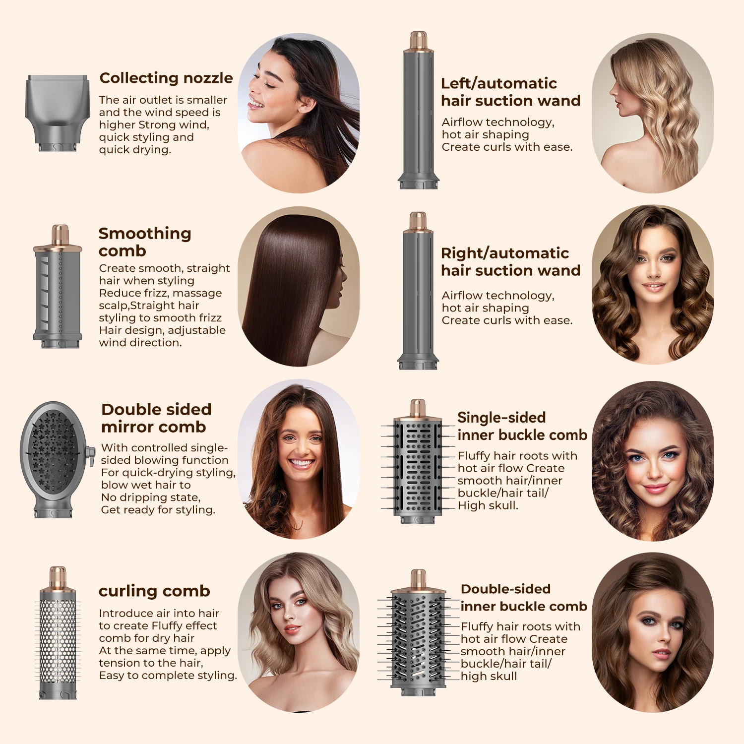 Foldable 6 in 1 Hair airstyler Blow Dryer Brush Straightener 60000RMP Hot air Comb Multi styler wrap Hair Curler Curling irons