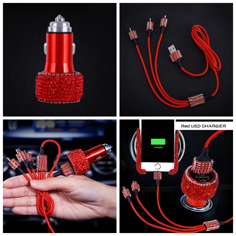 High Quality Crystal Mobile Phone Holder Charger Cable USB Car Cigarette Lighter Quick Charger  3 in 1 Car USB Multi Charger