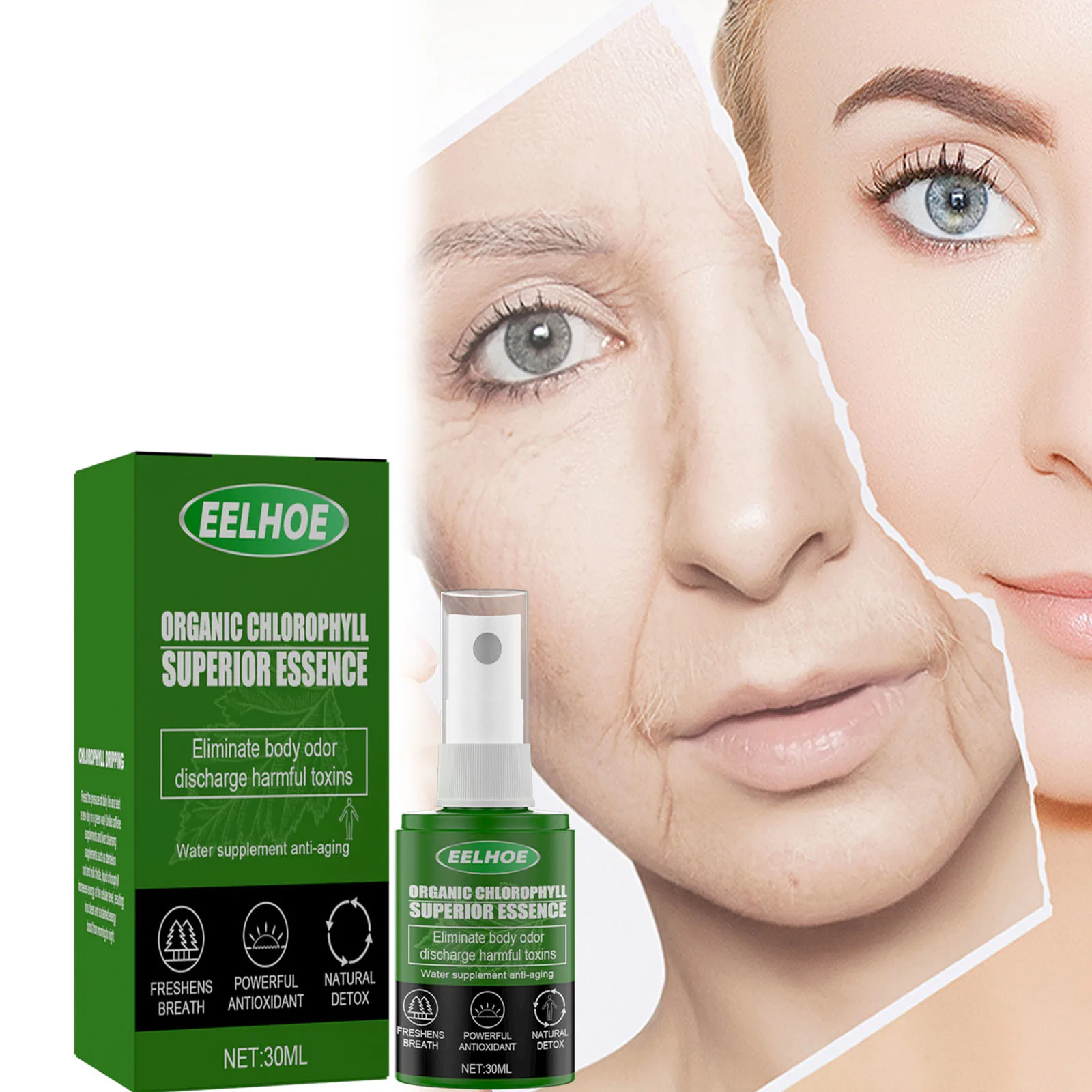 Chlorophyll essence tightens pores, repairs and brightens skin