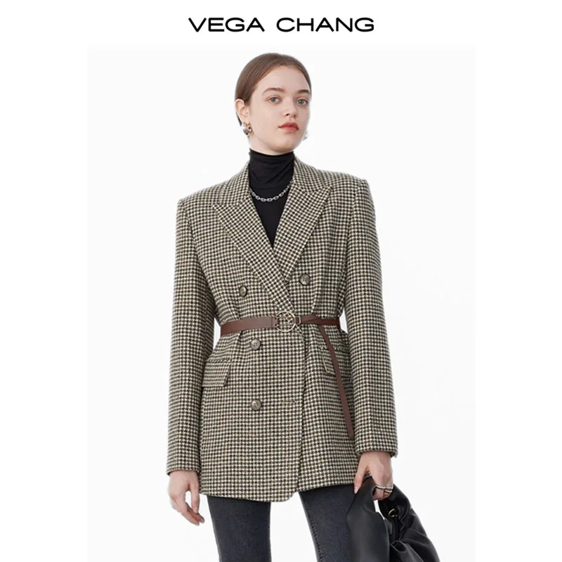 VEGA CHANG 2024 Winter Commuting Suit English Plaid Cotton clamping Waistline Vintage Premium  Woolen coat