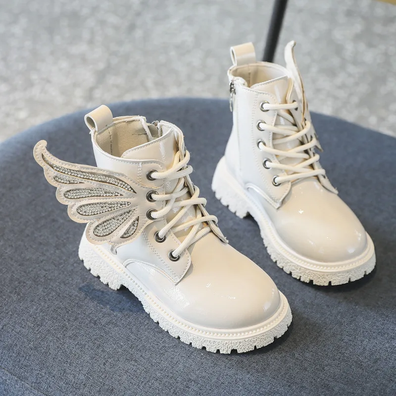 Children Shoes Fashion Black Patent Leather Toddler Girls Kids Wing Boots