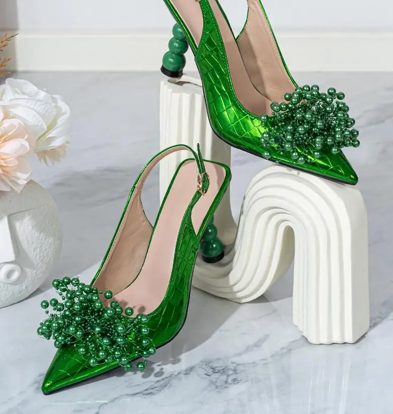 2024 new pointed toe thin high heel sandals summer green beads flower pumps women pumps stiletto heeled sandals