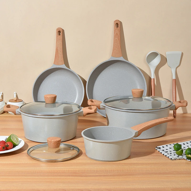 Die-Cast Set Kitchen Healthy Stone Cookware Set Frying Pan Wok Soup Pot Milk Pot Holiday Gift Cookware Set for Induction Cooktop