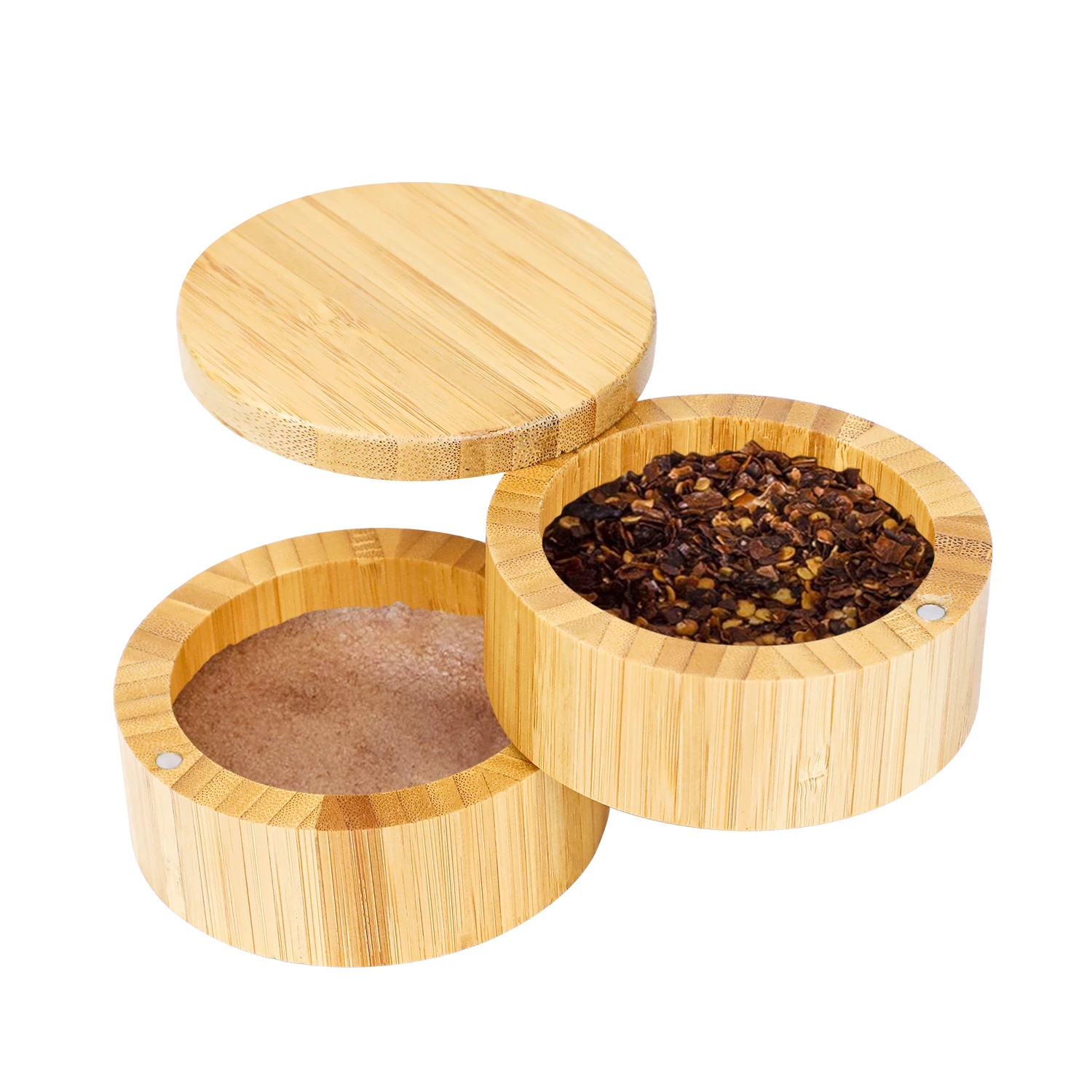 GL Wholesale 2 Tier Round Bamboo Tea Spice Salt And Pepper Pots Box Bamboo Storage Box With Magnetic Swivel Lid For Kitchen