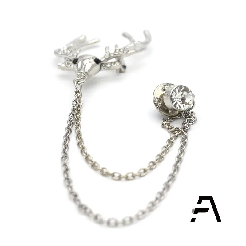 Sterling Silver Deer Head Rhinestone Crystal Men Shirt Chain Brooch Pin