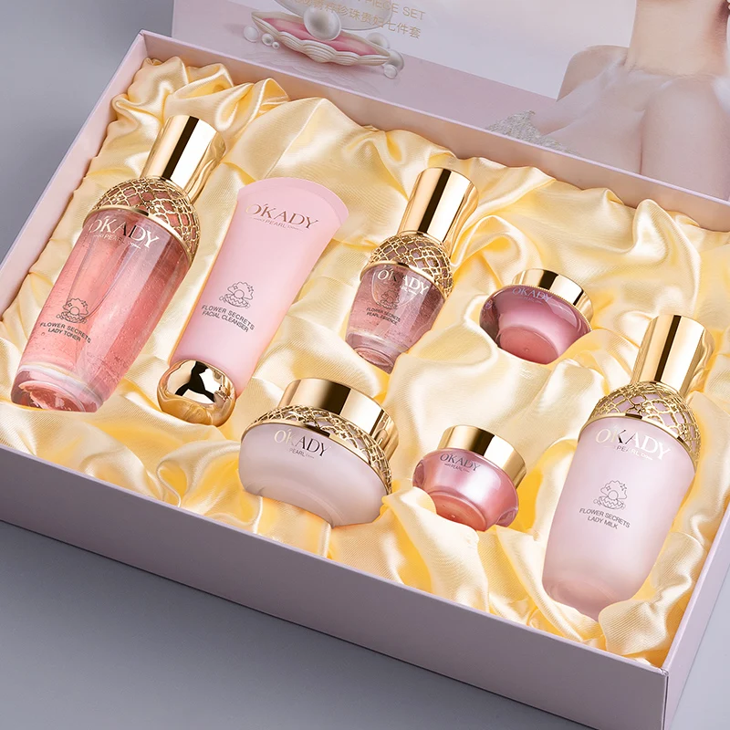 Skin Care Product Flower Secret Pure Pearl Lady Vitamin C E Facial Cleanser Toner Serum Anti Ageing Skin Care Set