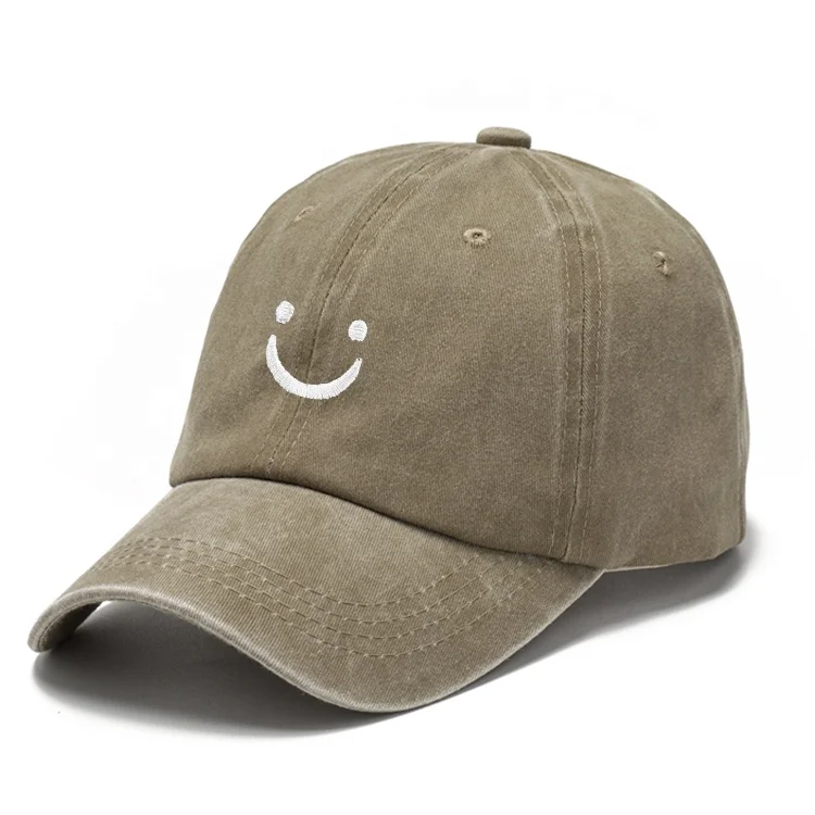 Wholesale Custom Print Smile Face Logo Baseball Cap Smiling Vintage Distressed Cotton Gorras Dad Hat Adjustable For Women Men