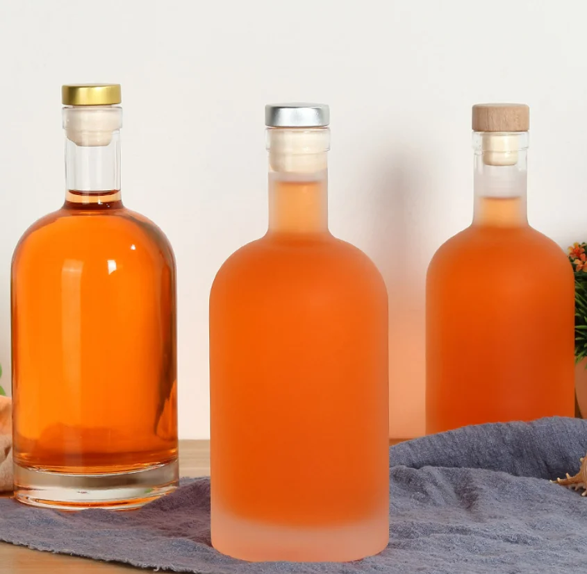 tall neck luxury whiskey vodka 100ml 375 ml 500ml 750ml spirits liquor glass bottle with flat shoulder bamboo stopper cork