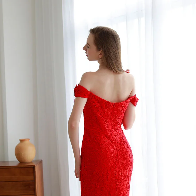 OEM ODM strapless cutty sleeve 3d flowers appliques red women birthday party wear gown dress long evening dresses fish cut