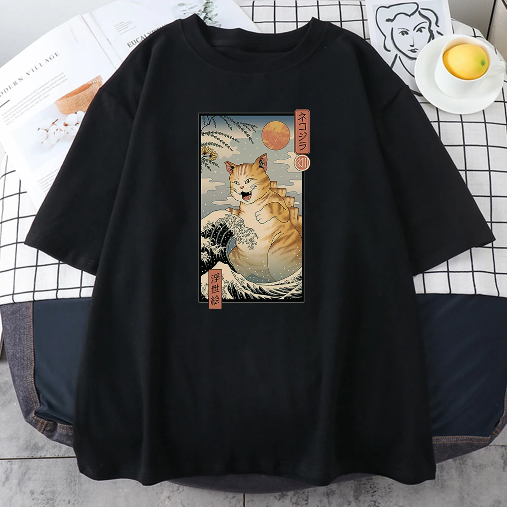 100% Cotton Ukiyo E Cat Cute Cartoons Print Tshirt Man Hip Hop Sweat Casual T-Shirt