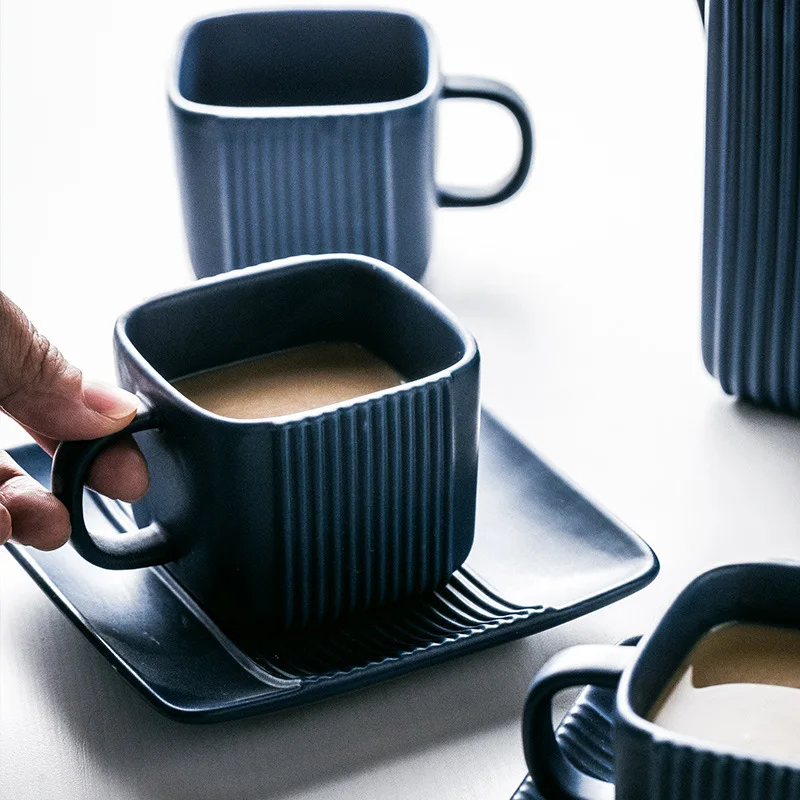 Square Straight Grain Coffee Cup Set Wood Cover Creative Ceramic Tea Set With Saucer Coffee Tea Pot and Cups