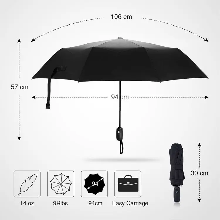 Automatic 3 Folding Black Windproof Compact Lightweight wholesale travel top quality black windproof auto open close Umbrella