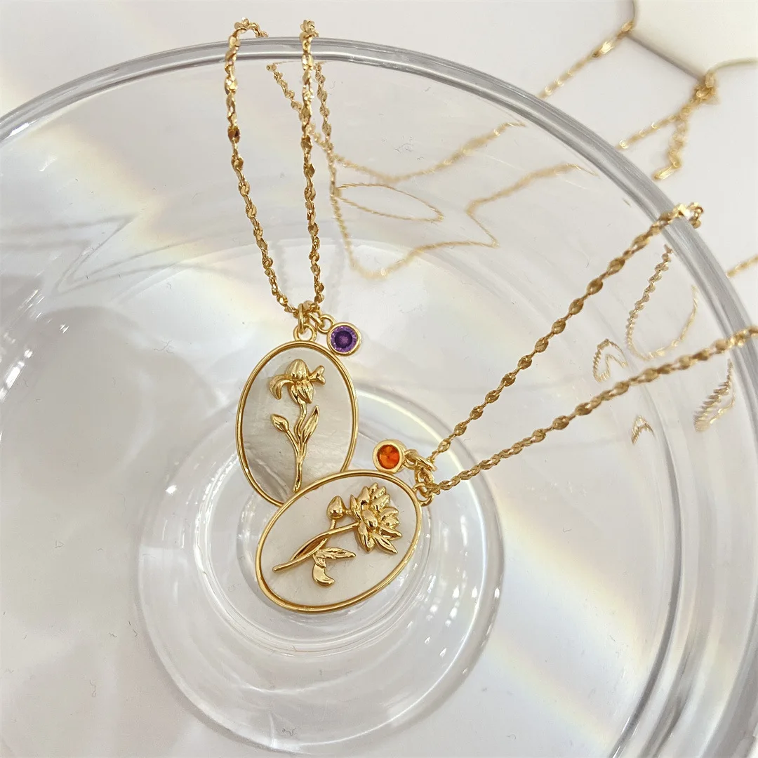 OUKE Fashion Gold Clavicle Chain Birthday Jewelry Gifts 3D Oval Shape December Flower Crystal Birthstone Pendant Flower Necklace