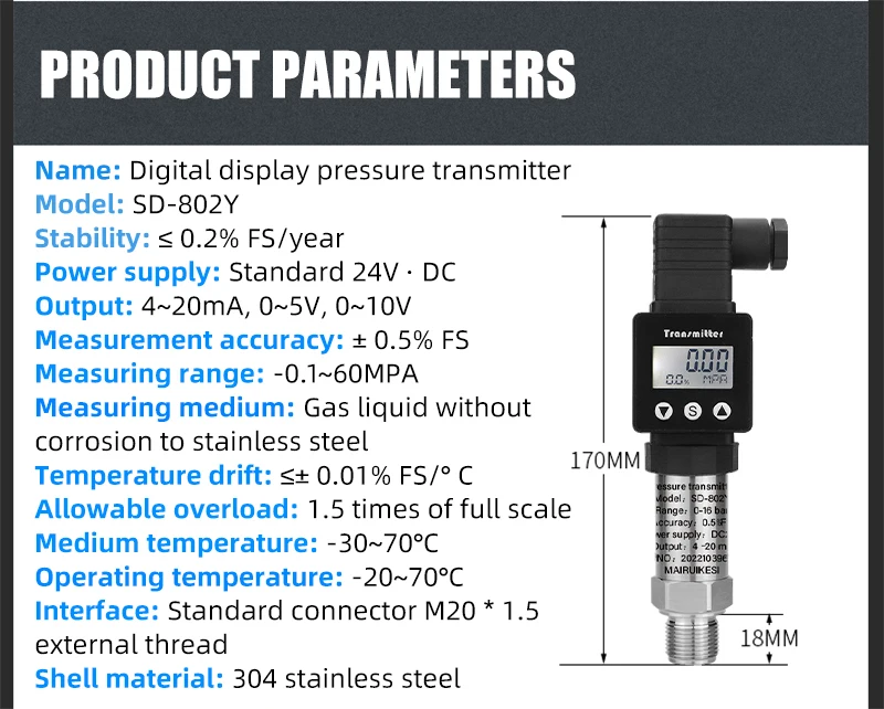 Factory price 60bar 0.5%FS   4-20mA 0-10V  pressure sensor 304 stainless steel pressure transmitter